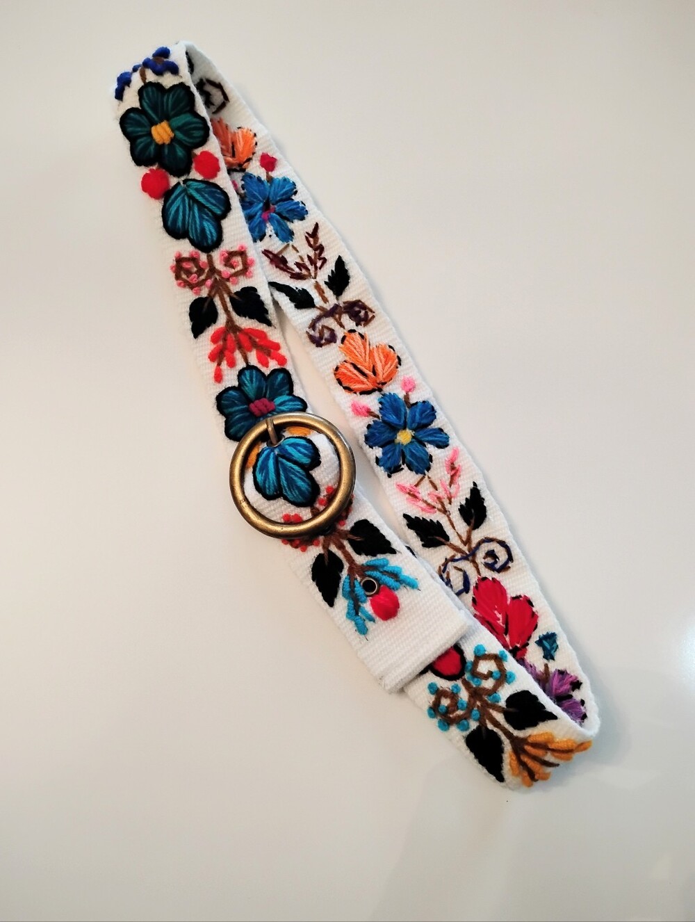 Embroidered Floral White Canvas/Cotton Belt with Brass Tone Ring